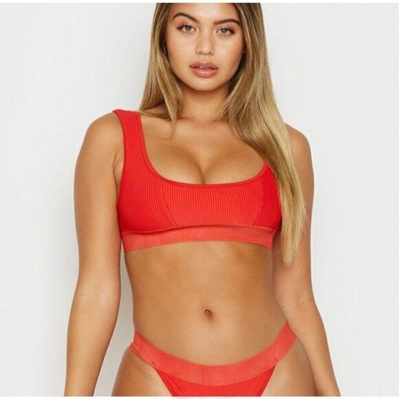 Frankies Drew Bikini Red Ribbed Top Open Back Large - Picture 1 of 7